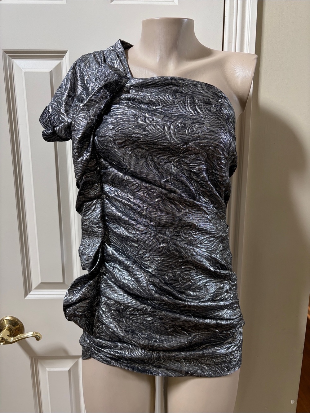 Isabel Marant One-Shoulder Gia Brocade Metallic Silver and Black mini Dress, 2
